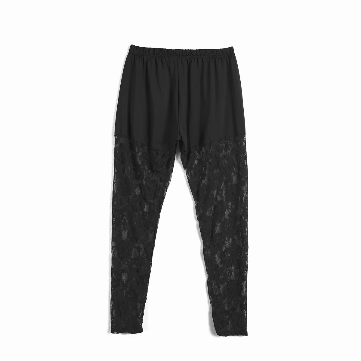 Women\'s Plus Size Leggings Solid Color Skinny Trousers Sheer Floral Lace Stitching Leggings High Waist Stretch Trousers L-4XL