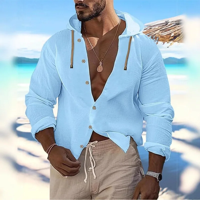 New Spring and Summer Men's Hooded Inch Shirt Solid Color Cotton Linen Men's Casual Long-sleeved Button Spliced   hooded Top