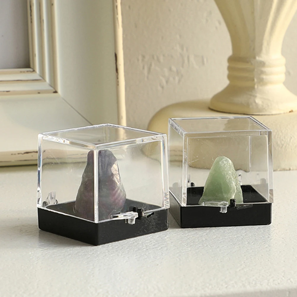 

2pcs Mineral Display Case Clear Specimen Box Storage Containers Black Base For Rocks Crystals Collectibles