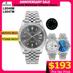 Cronos DateJ Luxury Men Watch Stainless Steel 5 Links Bracelet PT5000 Miyot 9015 100m Water Resistant Sapphire L6046M