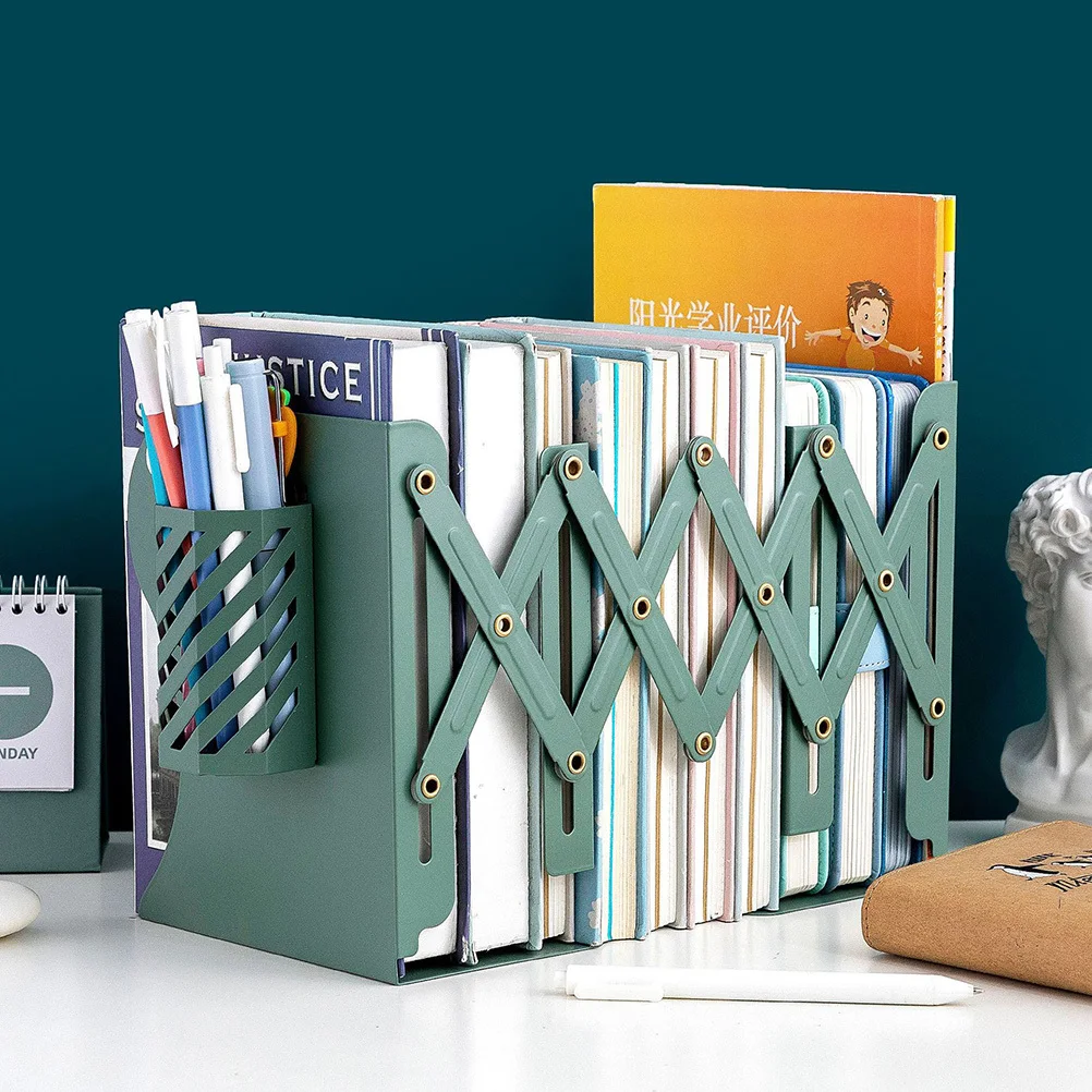 Metal Telescopic Bookends with Pen Holder Anti-Rust Desk Shelf Organizer Creative Design for Home Office Library