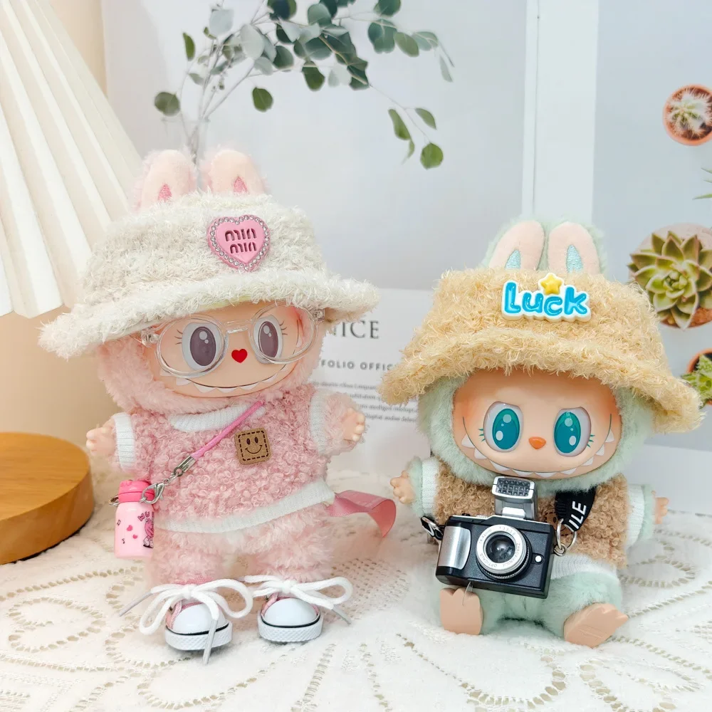 For 17cm Labubu Clothes  Spring outing Light colored Furry Smiling Face Outfit  With Hat Camera Thermos Pendant Labubu Original