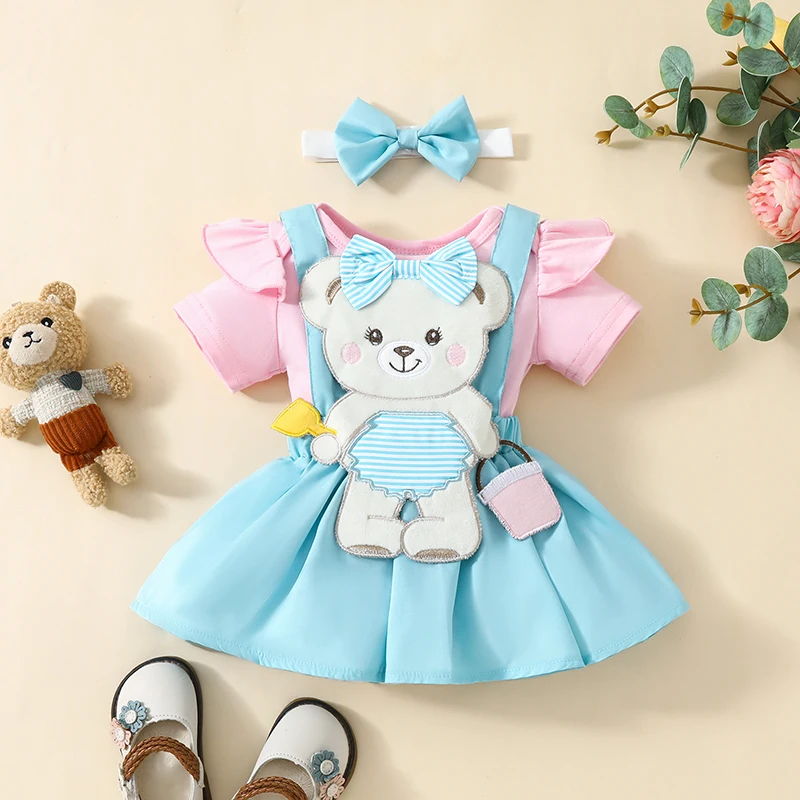 

Baby Girls Dress Set Short Sleeve Romper Bear Suspender Dress Headband Summer Outfit