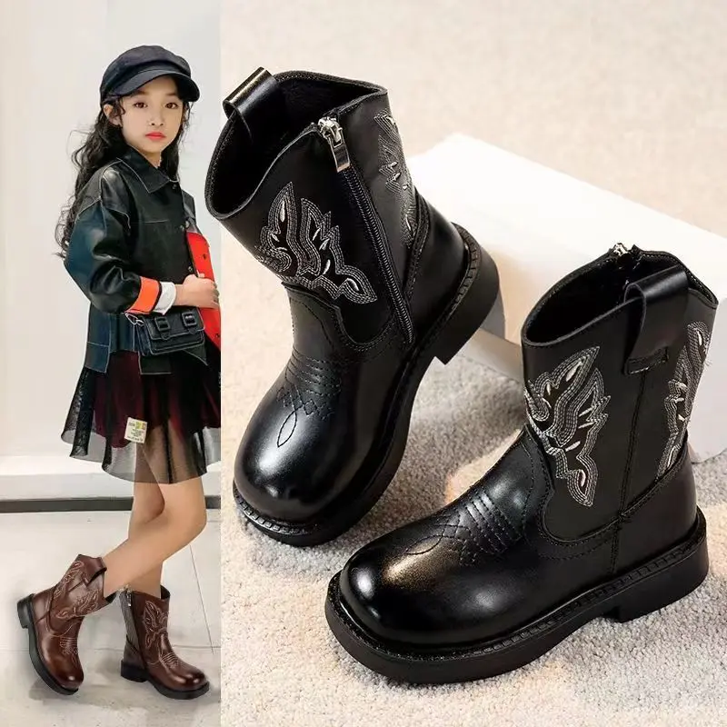 Autumn New Girls' Vintage Short Boots Children's Embroidered PU Knight Boots Soft Sole Versatile Fashion Single Leather Boots