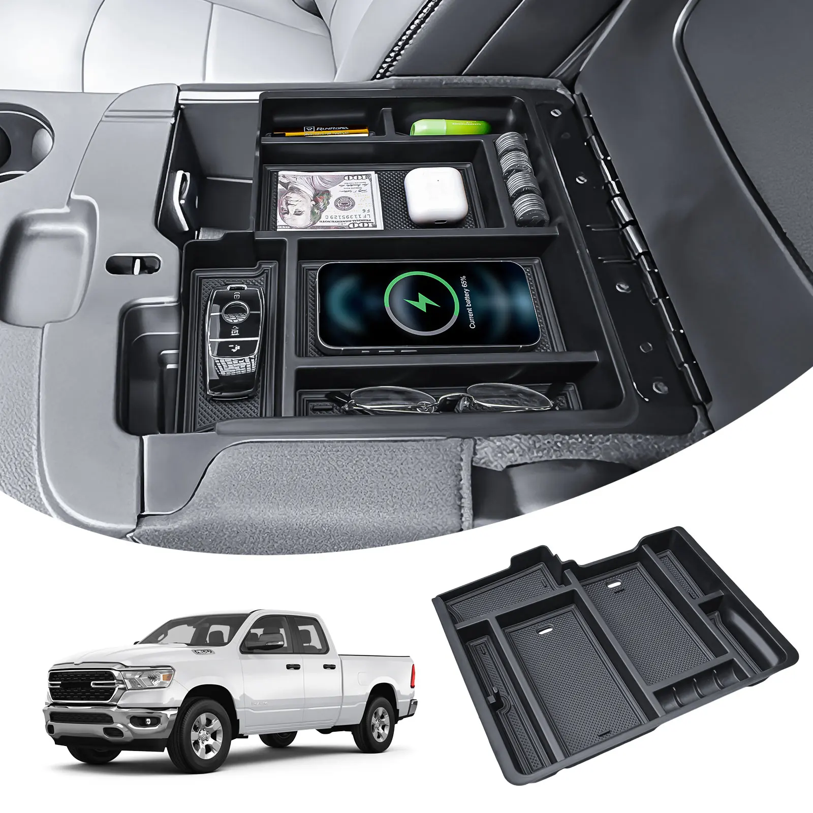 

Armrest Storage Box for 2013-2024 Dodge RAM 1500/1500 Classic Center Console Organizer Tray Secondary Jump Seat Three Cup Holder