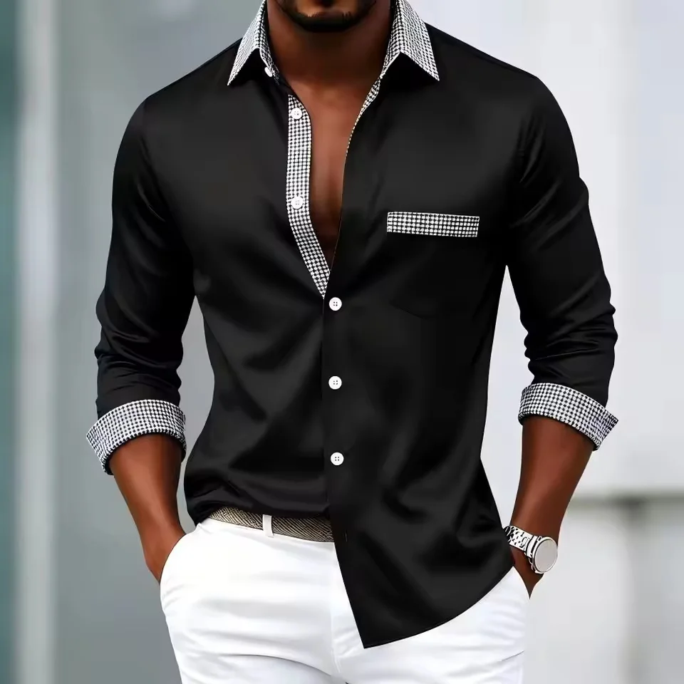 Men's satin shirt, luxurious Baroque printed shirt style, business wedding long sleeved lapel pocket, comfortable patchwork top