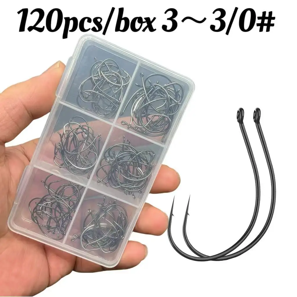 120-teiliges Angelhaken-Set, einschließlich Drop-Shot-Haken, Wacky-Haken, Loach-Haken, Bass-Spezialhaken, Soft-Worm-Haken und verstärkter Haken – Detail 1