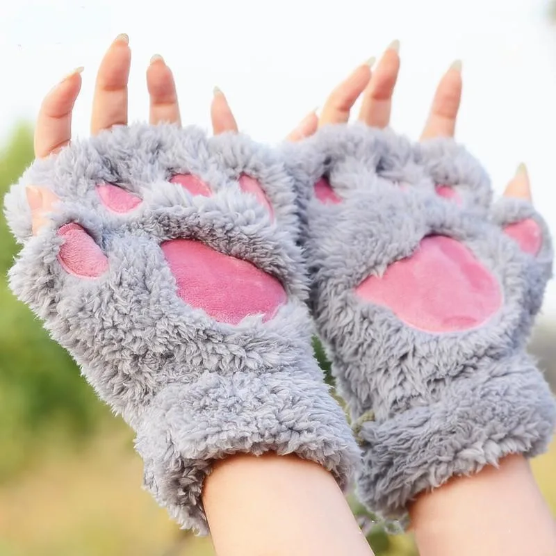 Winter Cute Cartoon Cat Girl Open Finger Cat Claw Warm Gloves Thickened Plush Bear Palm Half Finger Gloves