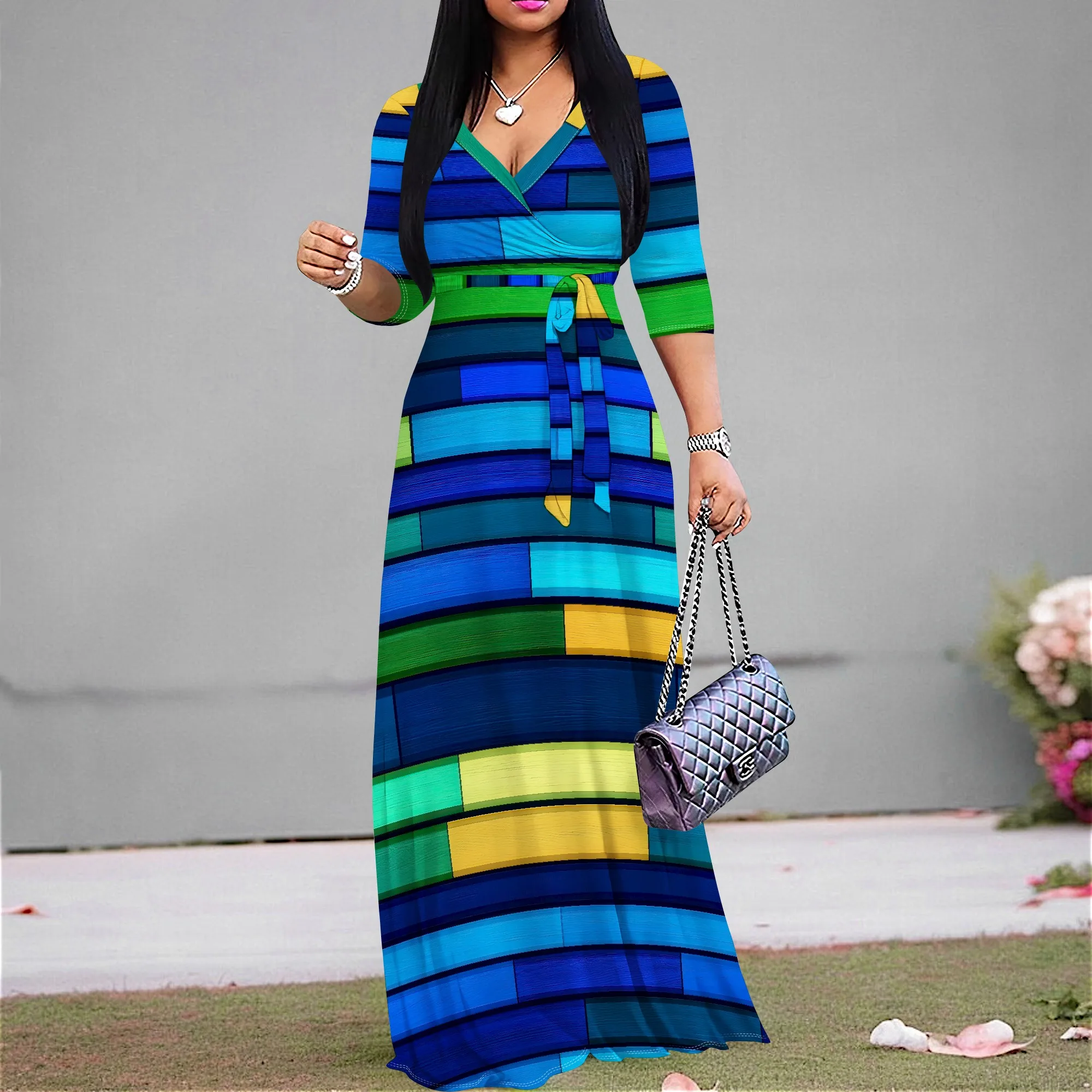 

Women's Colorful Maxi Dress V-Neck Abstract Print Wrap Gown with Belt Slim-Fit Formal Work Party Dress 3/4 Sleeve XS-3XL