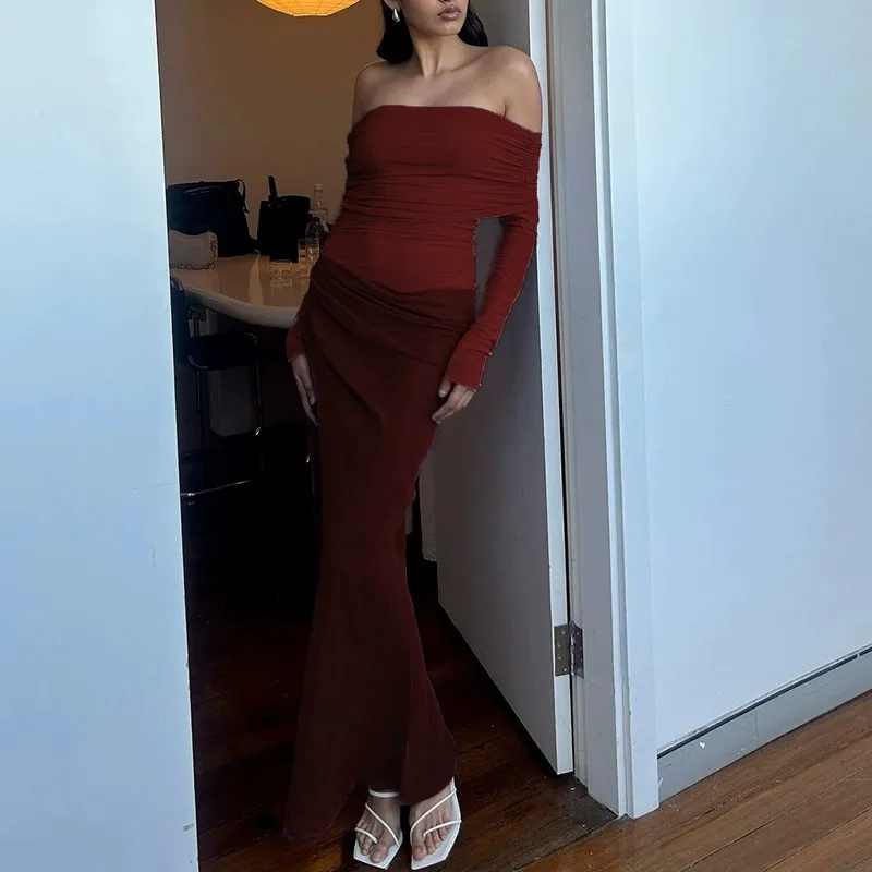 ซาตินเซ็กซี่ Hollow Out ผู้หญิง Maxi ชุดแขนกุดสีดําเอวสูงชุดหญิงฤดูใบไม้ร่วงผอม Elegant Party Clubwear แขนยาว