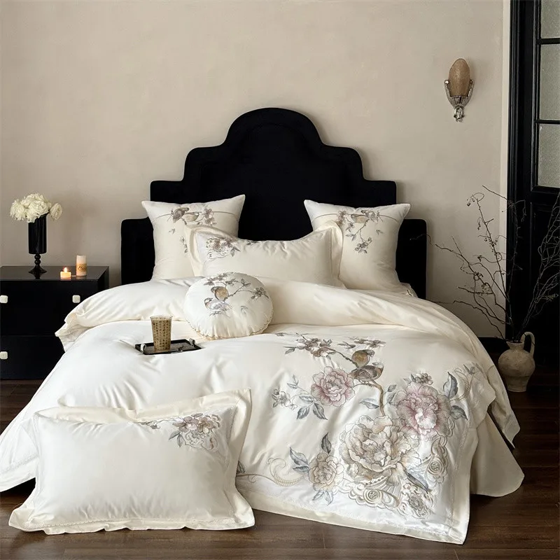 Fashion Pink Peony Floral 1000TC Cotton Natural Bedding Set With Flowers birds Embroidery Ultra Soft Bed Sheet Pillowcases