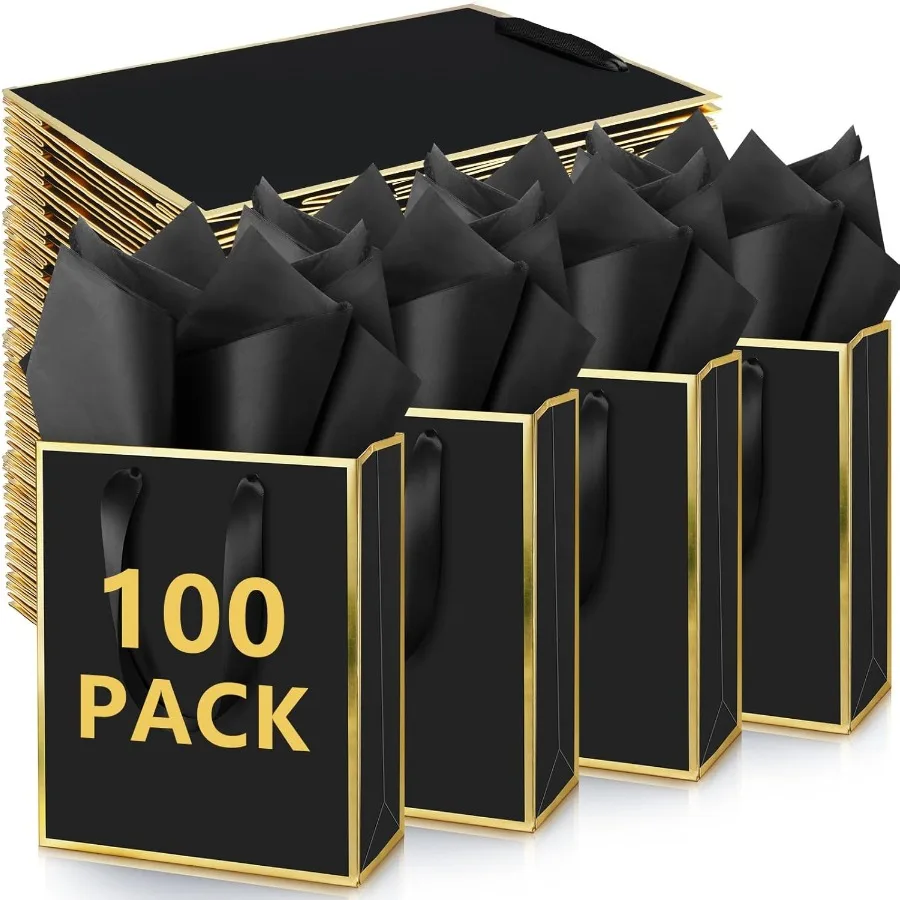 

100 Pack Metallic Gift ags wit andle and Tissue Paper lack Gold Foil Welcome ag for Wedding Gt Fall Party Cristmas ridesmaid Gr