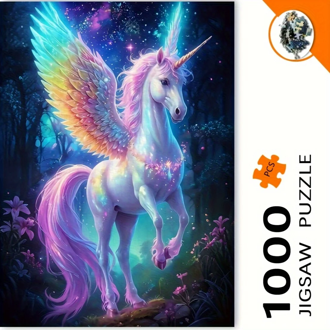 Puzzle fantaisie licorne 1000 pièces, forêt enchantée avec ailes lumineuses, fleurs et étoiles lumineuses, illustration sans bordure