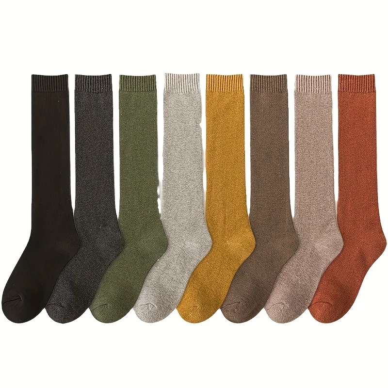 ถุงเท้ายาวคละสีแบบสุ่ม 5 คู่ - ถุงเท้าผสมผสานความอบอุ่นหนาสำหรับฤดูใบไม้ร่วงและฤดูหนาว LJM