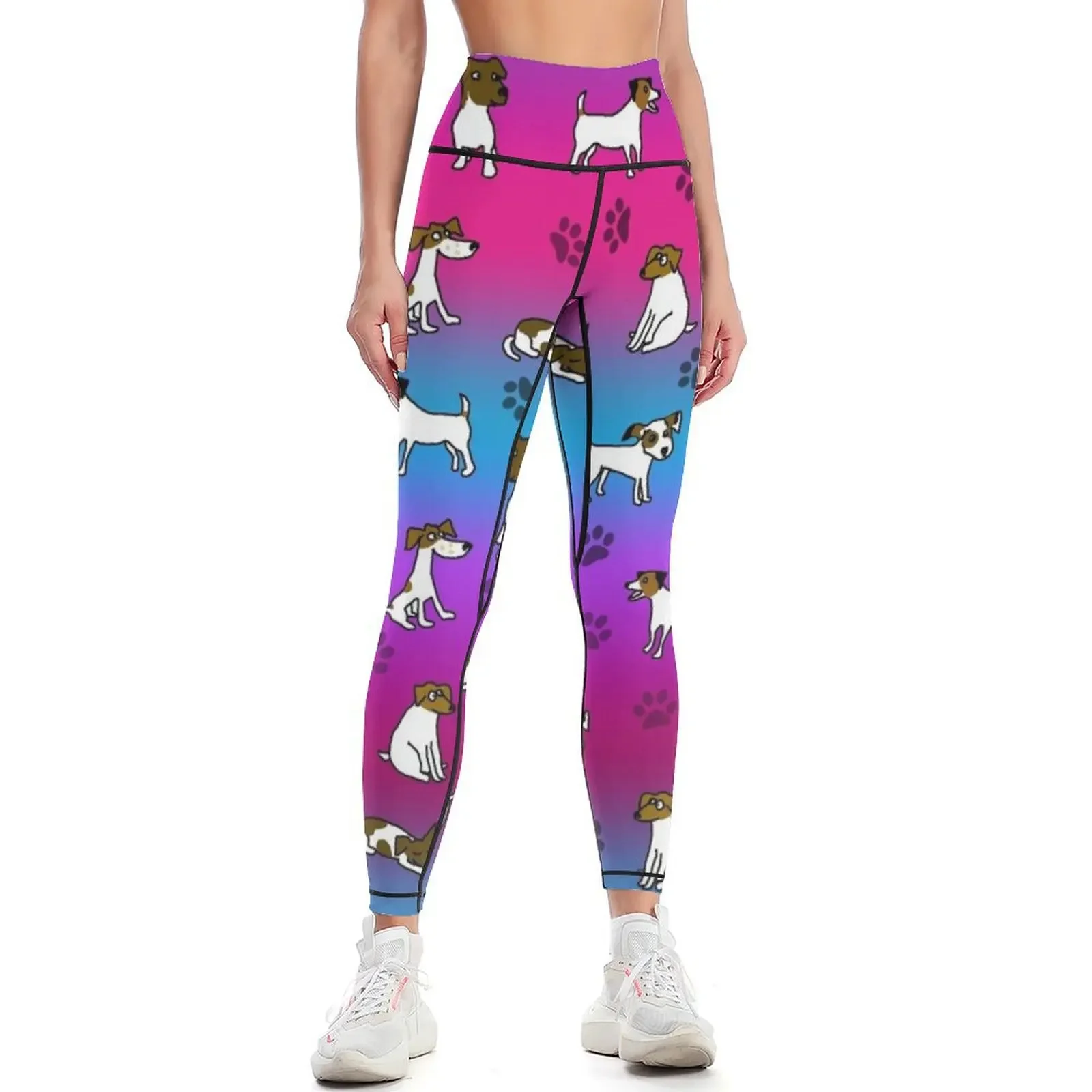 Leggings con estampado de dibujos animados de Jack Russell Terrier con fondo azul y rosa, leggings deportivos de tenis para mujer, leggings push up para mujer