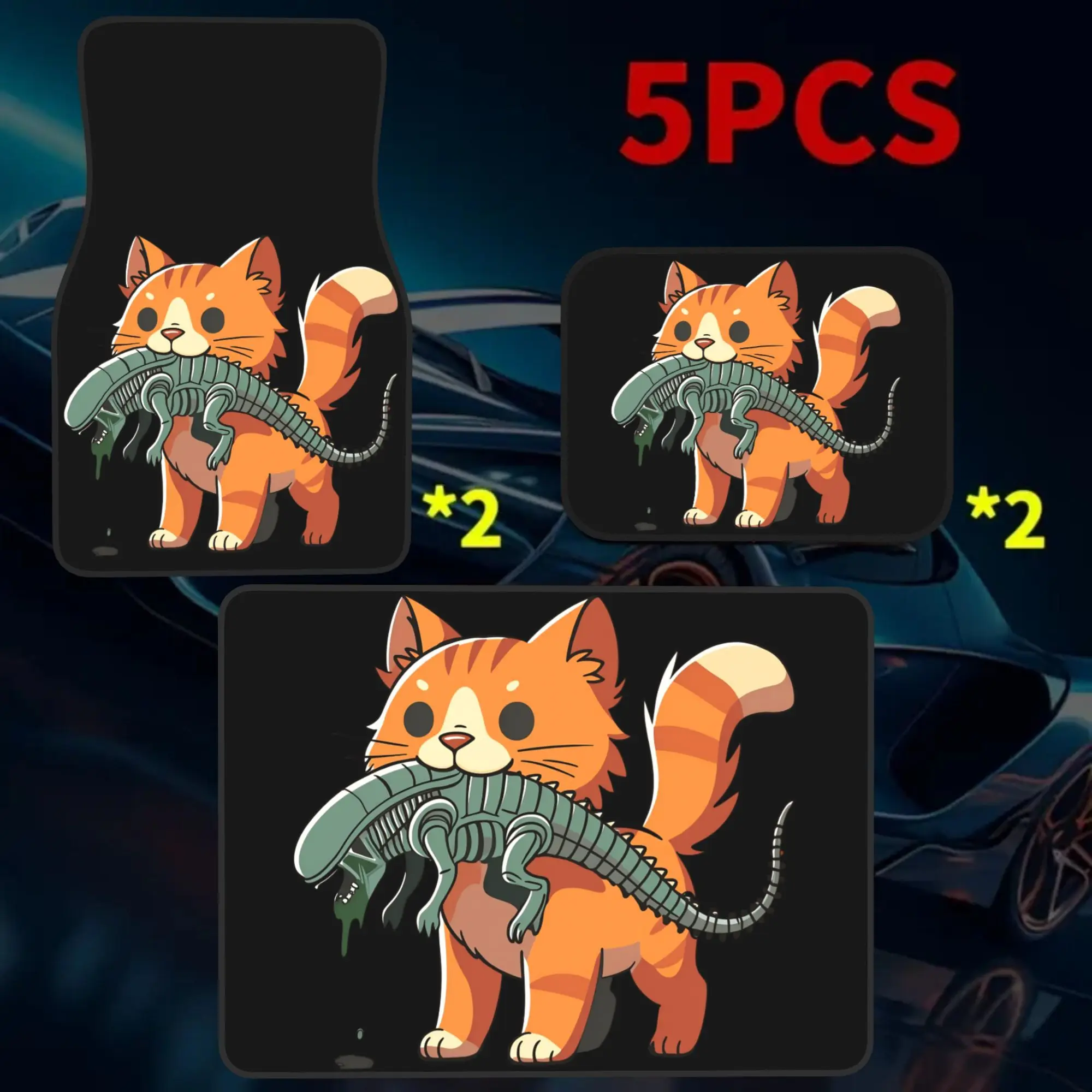 2D Flat Printing 5pcs Orange Cat Holding Alien Creature Printed Car Mats Set (4 Floor Mats + 1 Trunk Mat), Made Of Durable Elega