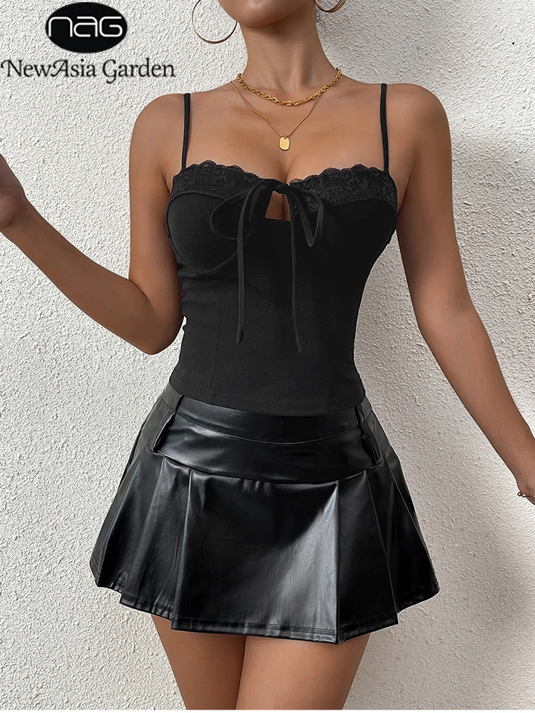 

NewAsia Sexy Lace Crop Tank Top Black Spaghetti Strap Women's Backless Tie-up Camisole Slim Fit Summer Fashion Ladies' Underwear