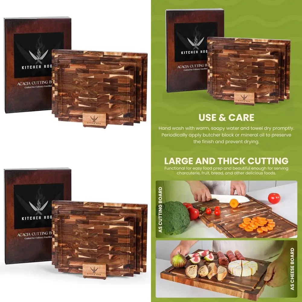 

3-Piece Acacia Wood Cutting Board Set with Holder, Knife-Safe, Dual-Sided, Handles, and Juice Grooves | 13, 15, 17 Eco-Friendly