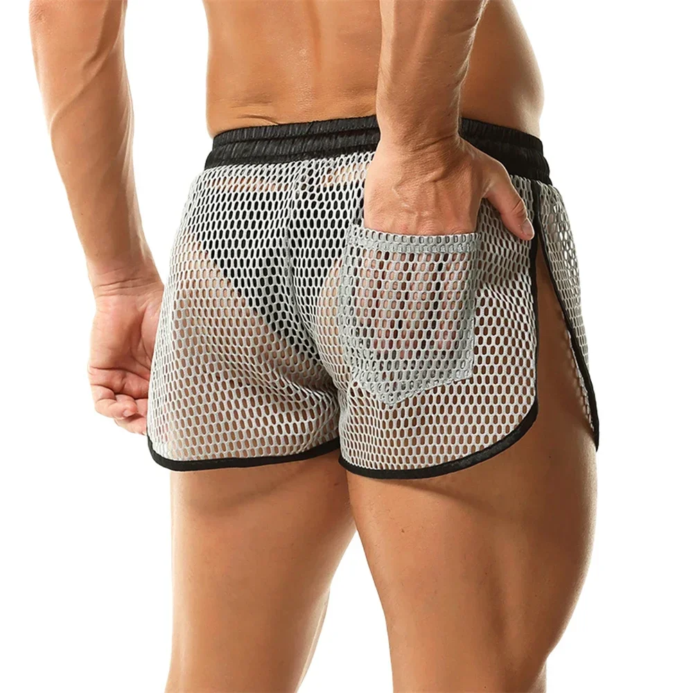 

Мужские свободные пляжные плавки, сетчатые шорты, мужские прозрачные дышащие шорты для дома, сексуальные короткие брюки с разрезом по бокам