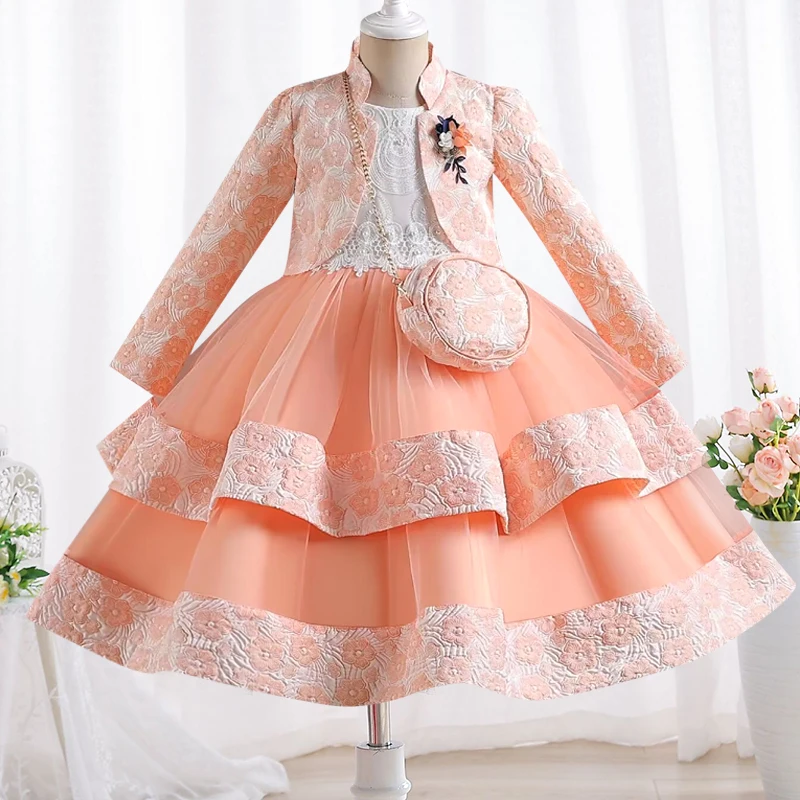 New 2023 Girls' Chiffon Multi layered Prom Dress Gorgeous Embroidery Long Sleeve Fluffy Dress Birthday Party Dress+Bag 3PS