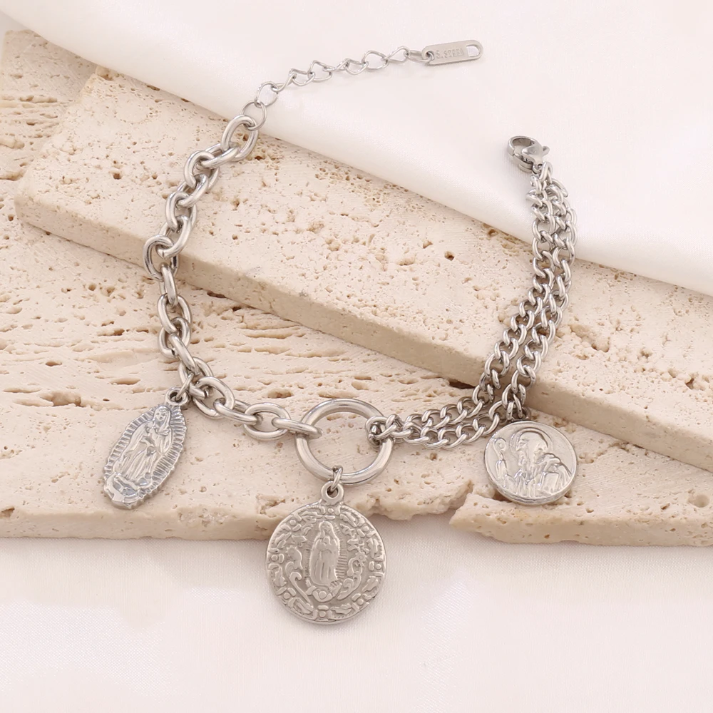 316L Stainless Steel Religious Pendant Bracelet For Women Gold Color Virgin Mary Pendant Chain Bracelets Jewelry