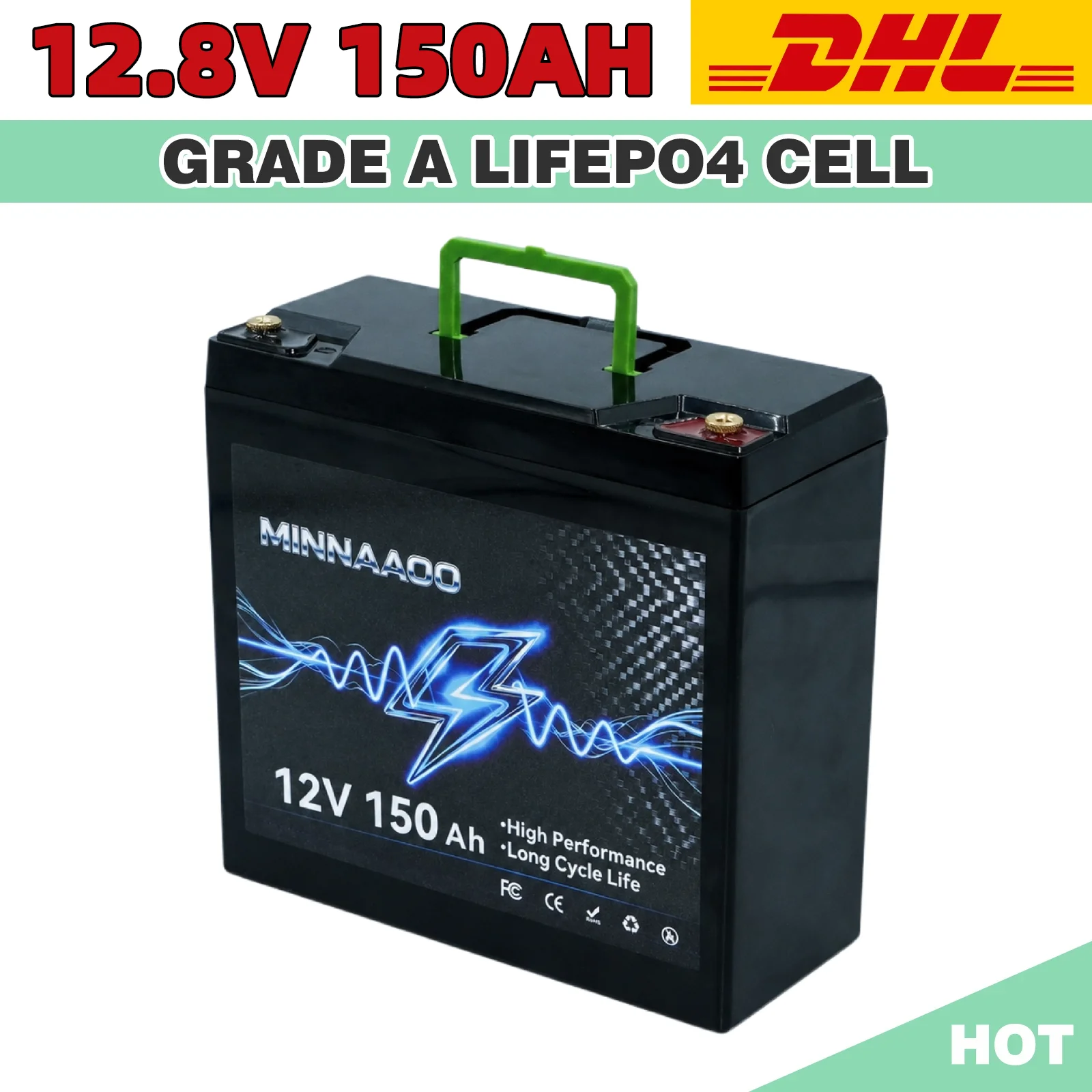 12V 150Ah LiFePO4 Solar Battery Deep Cycle Rechargeable Built-in BMS Lithium 150000mAh for Power Wheels Scooters Fish Finder