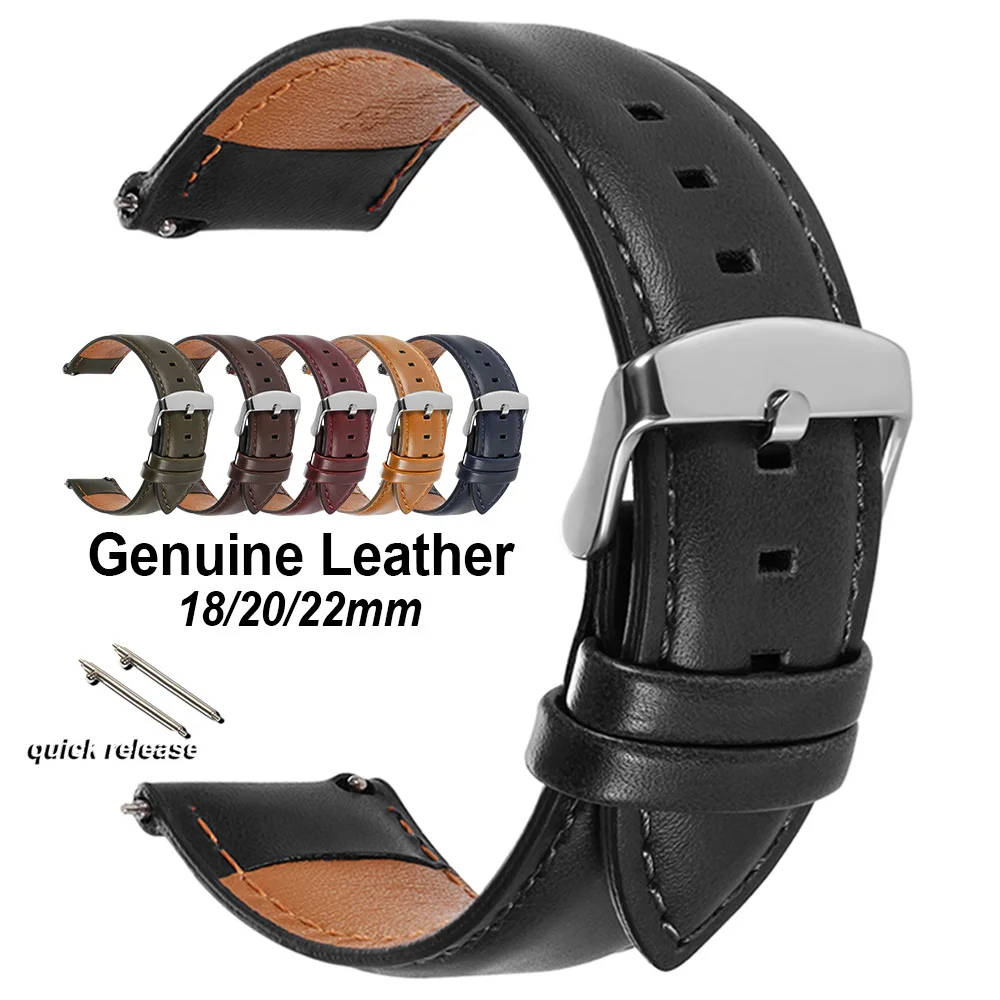 

Quick Release Genuine Cowhide Leather Watch Straps 18mm 20mm 22mm Watch Band Retro Black Brown Red Blue Men Women Bracelet