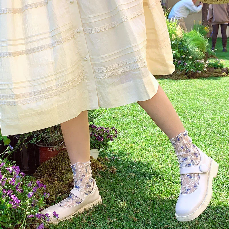 

French Style Hollow Out Mesh Thin Breathable Summer Loose Long Socks Lolita Socks Women Harajuku Streetwear Lace Floral Socks