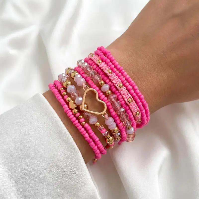 6Pcs Set Bohemian Handmade Rice Beads Heart Shaped Sweet Bracelets For Women Jewelry