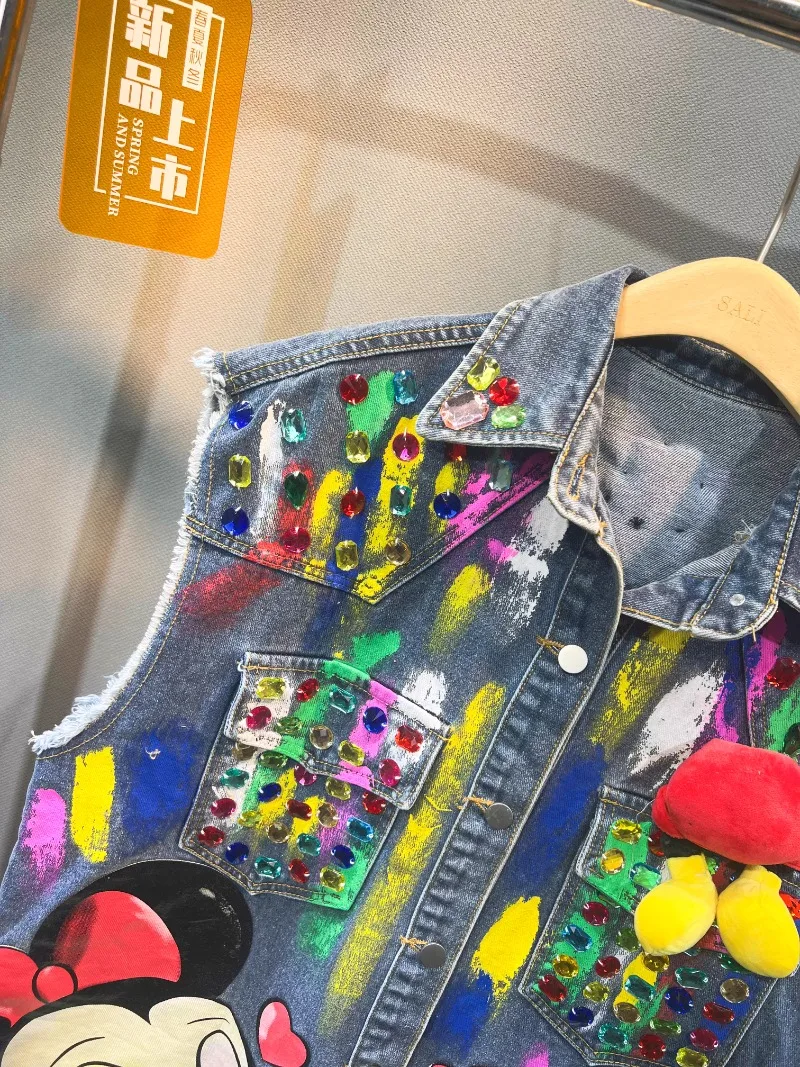 Popular Design Cartoon Beaded Sequins Graffiti Heavy Industry Denim Jacket Medium And Long New Autumn Loose Top Sleeveless Vest
