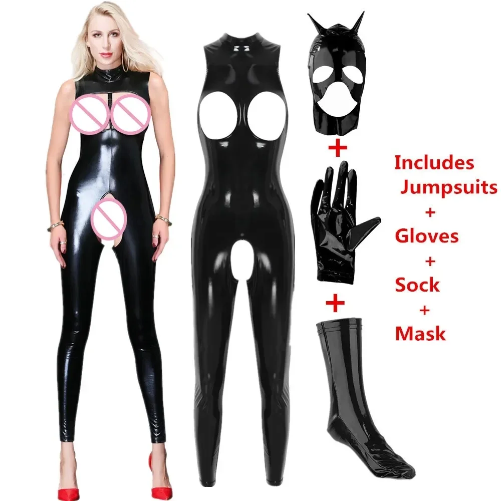 Sexy Women Lingerie Wetlook Leather Jumpsuits PVC Latex Bodysuit Catsuit Open Crotch Clubwear Fetish Erotic Breast Exposing