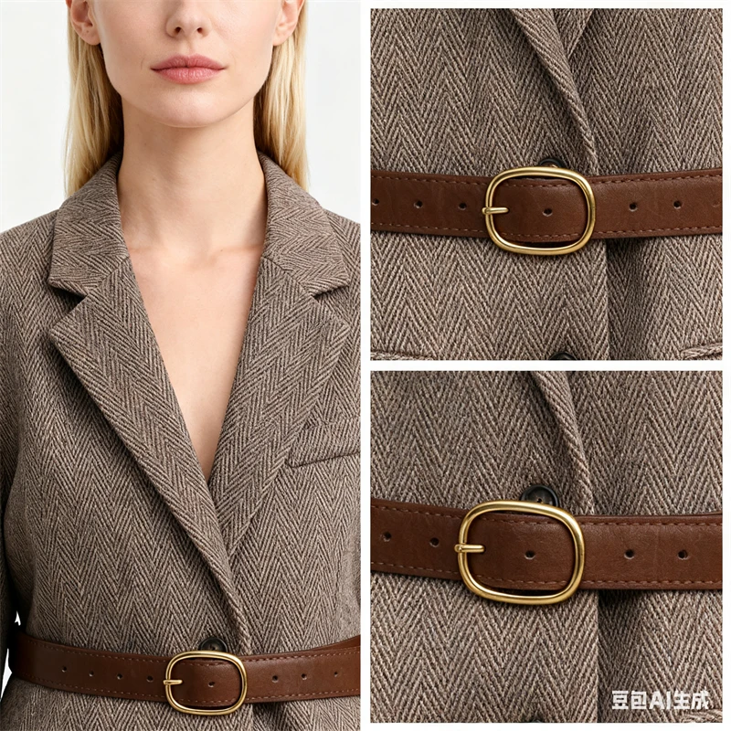 سترة تويد متعرجة للنساء مع حزام، سترة بنية واحدة الصدر وطية صدر السترة، مكتب أنيق وملابس خارجية غير رسمية" #1