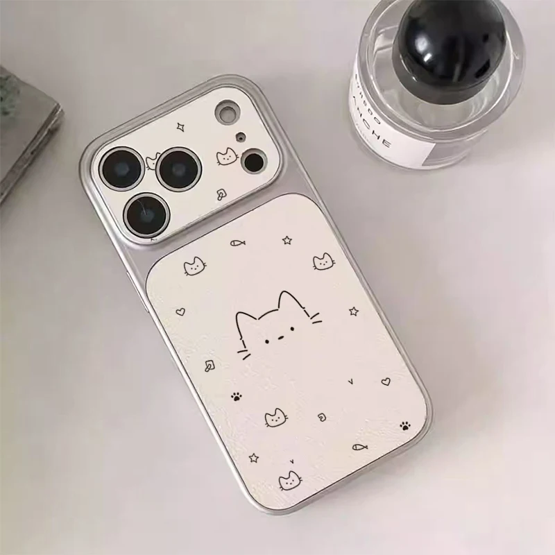 Niedliche Cartoon-Katzen-Skizze Kunstleder-Handyhülle für iPhone 18 11 12 13 14 15 16 17 Pro Max Plus 16E 17E Seconds Change 17 Cover