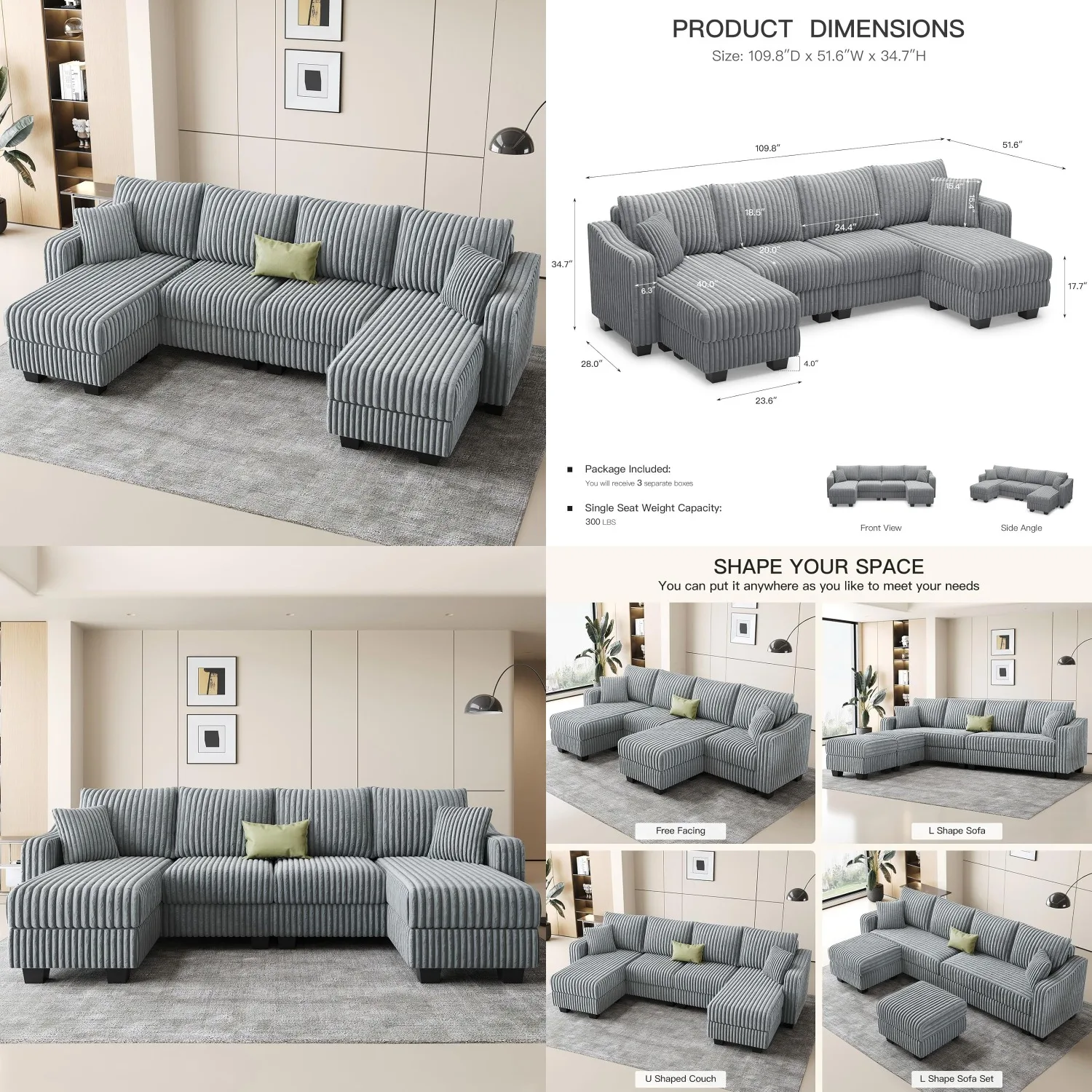 

U-Shape Reversible Sectional Sofa with Ottoman Corduroy Living Room Set,Customized