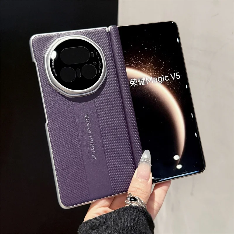 Case for Honor Magic V5 Plating Luxury Leather Hinge all round Protection Shockproof Mobile Phone Cover