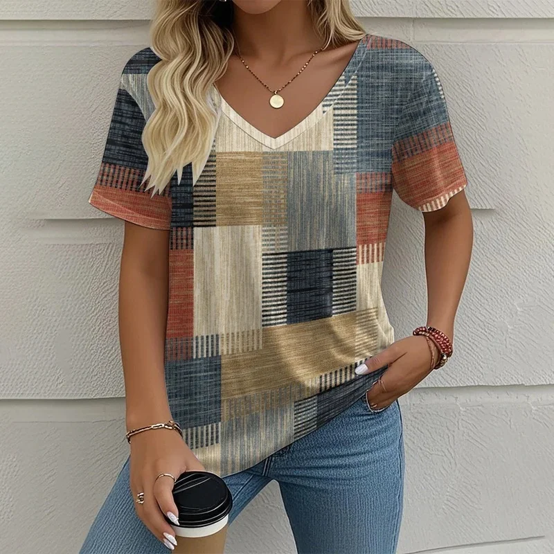 Women's Summer Vintage T-shirt, Casual Clothing with Checkered Print, Short Sleeve V-neck Top for Outdoor