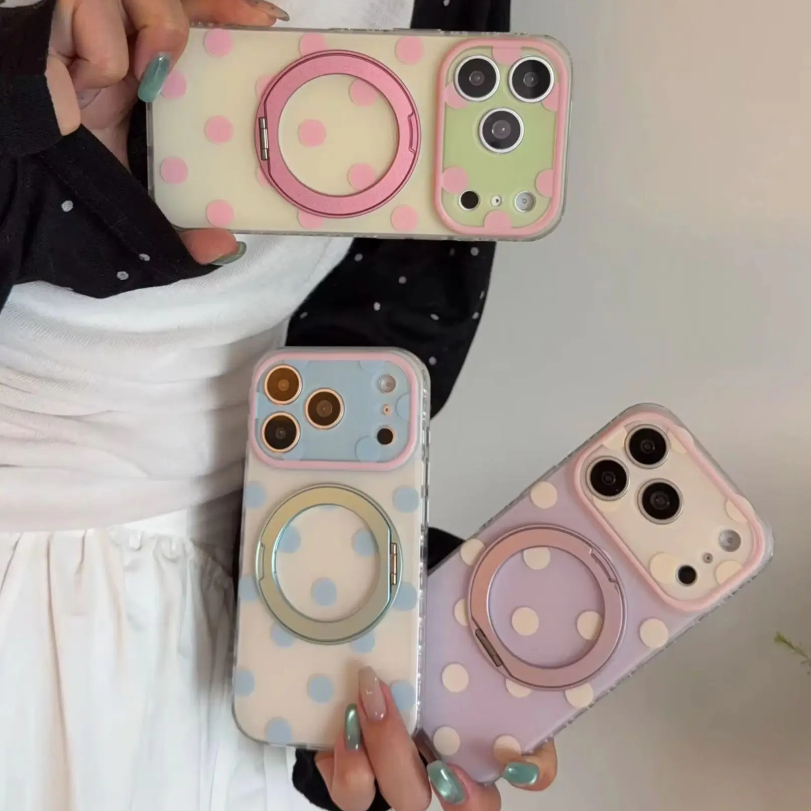 Fashion White Pink Blue Polka Dots Pattern White Purple Matte Cover Case For iPhone 17 16 15 Pro Max with 360° Rotation Holder