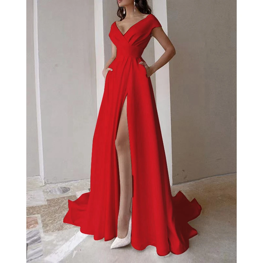 

Women Off Shoulder V-Neck High Slit Maxi Party Dress Summer Sexy Female Solid Ruched Backless Dresses Evening Elegant Outfits