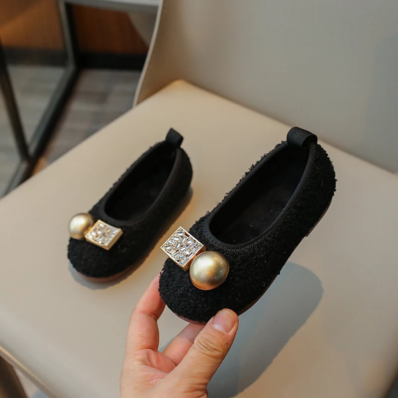 Autumn Winter Solid Girls Flats Shoes Rhinestones Short Plush Warm Kids Ballet Flats Princess Toddler Children Fashion Shoes