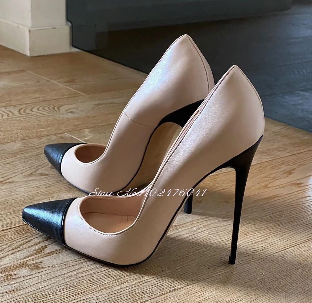 Kobiety Nude Black Matte Leather Patchwork Dress Pumps 12cm 10cm 8cm Thin High Heel Shallow Party Shoes Slip-on Shallow Footwear