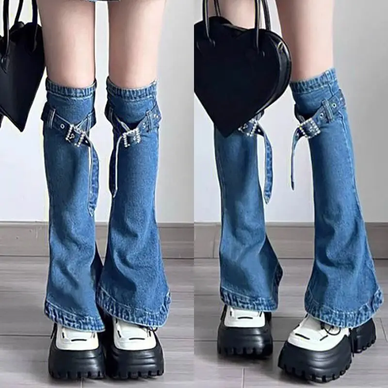 Socks Y2K Legging Jeans women Clothing Gothic Streetwear Femme Buckle Flared Leg Jeans Foot Cover Vintage Emo Girl Sweet Clothes