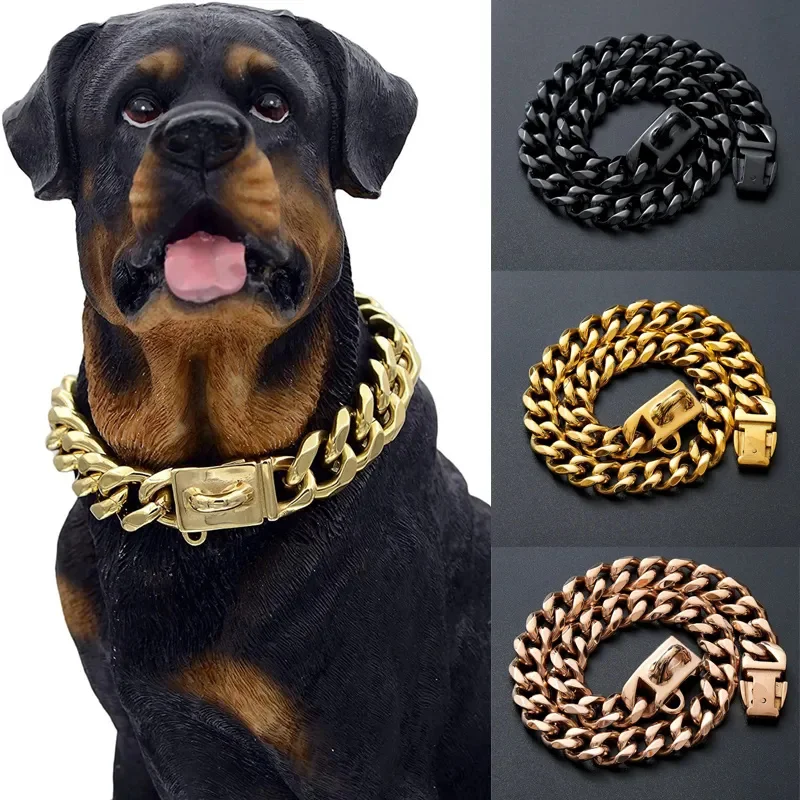 13mm 18K Gold Cuban Dog Chain Pet Collar Bully Large Dog Collar Leash Customized Stainless Steel Pitpull Bulldog Strong Collars