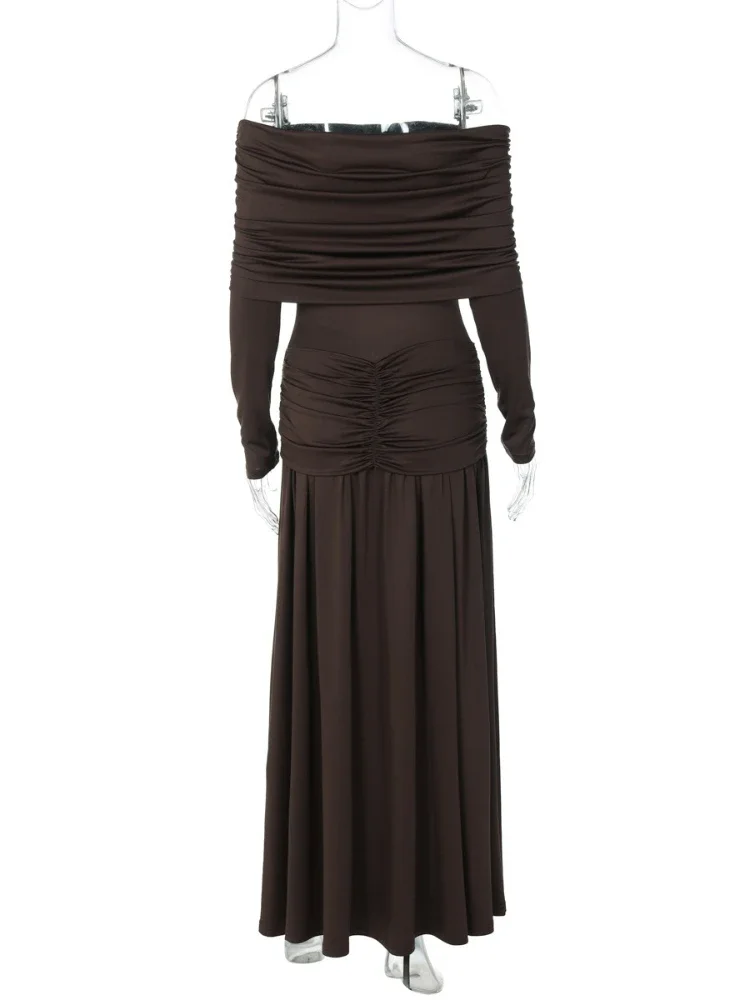 Odzież damska 2025 Jesień Sukienka maxi z dekoltem typu slash, marszczeniami, długa, w stylu high street, eleganckie tuniki damskie, plisowane, jednolite sukienki wieczorowe na przyjęcie