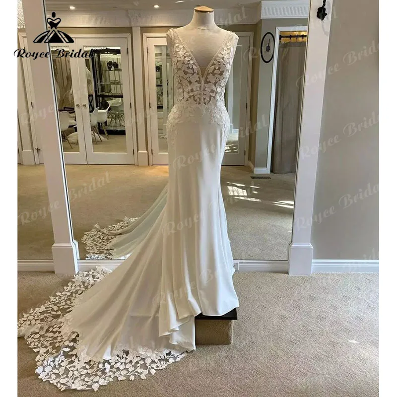 

V Neck Lace Cut-out Backless Mermaid/Trumpet Wedding Dress with Buttons Back Appliques 2025 Bridal Gowns Custom Made Vestido