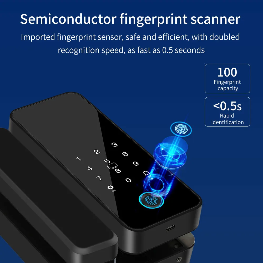 Tuya APP Glass Door Fingerprint Lock Bluetooth Smart Biometric Electronic Office Glass Door Lock 13.56Mhz RFID IC Keyless Unlock