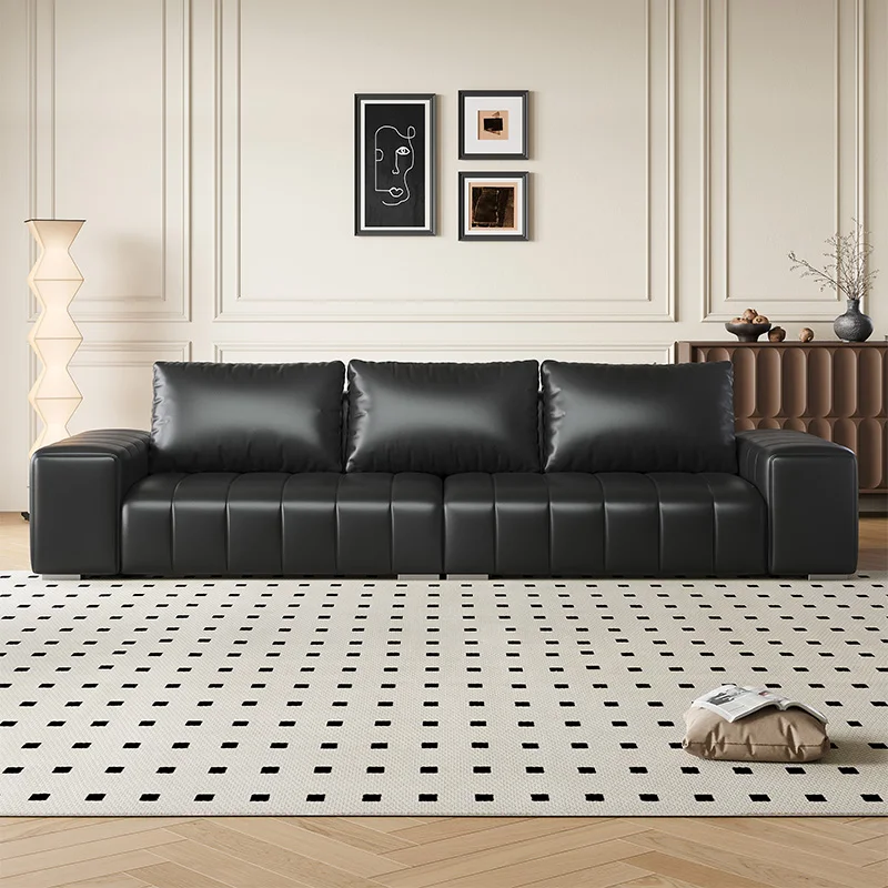 

-For High-grade Living Room Furniture Modern Minimalist Customization Reclining 3 Seater All Black Genuine Leather Sofa Set^