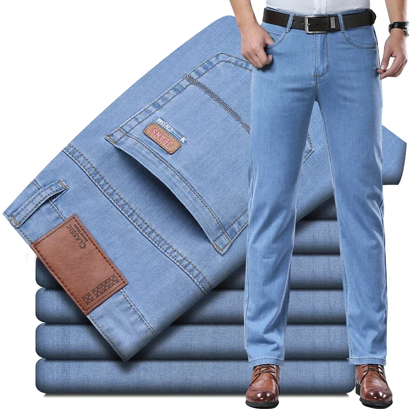 

Baggy Jeans Thin Denim Men's Blue Straight Stretch Cotton Pants High Quality Business Casual Lightweight Pants Summer Autumn