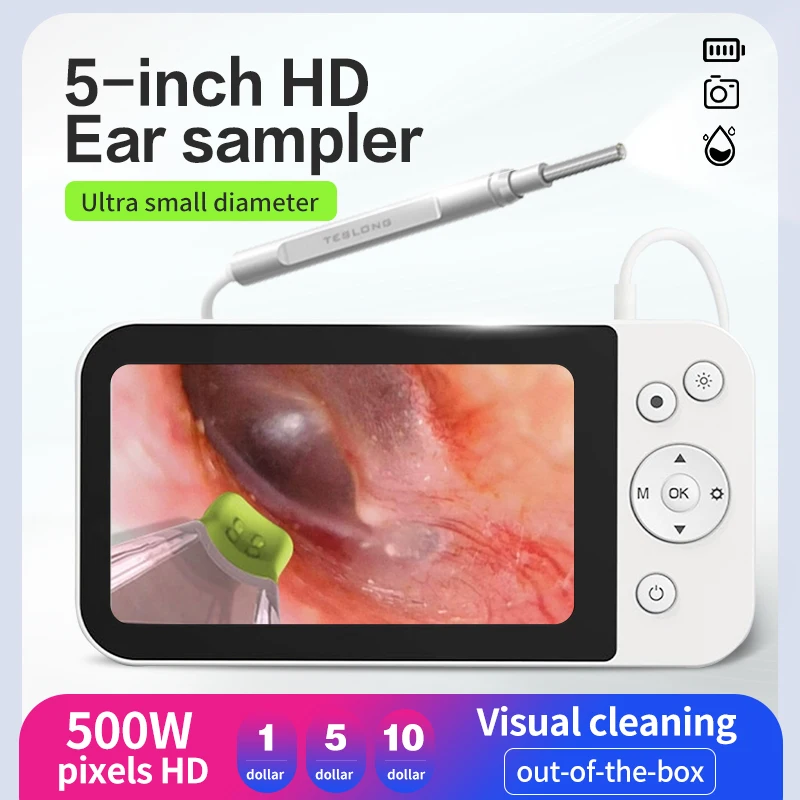 

HD 500W 3.9mm 5 Inch LCD IPS Screen Ear Scope Endoscope Camera Ear Wax Clean Otoscopy Ear Endoscope Cleans Mini Camera