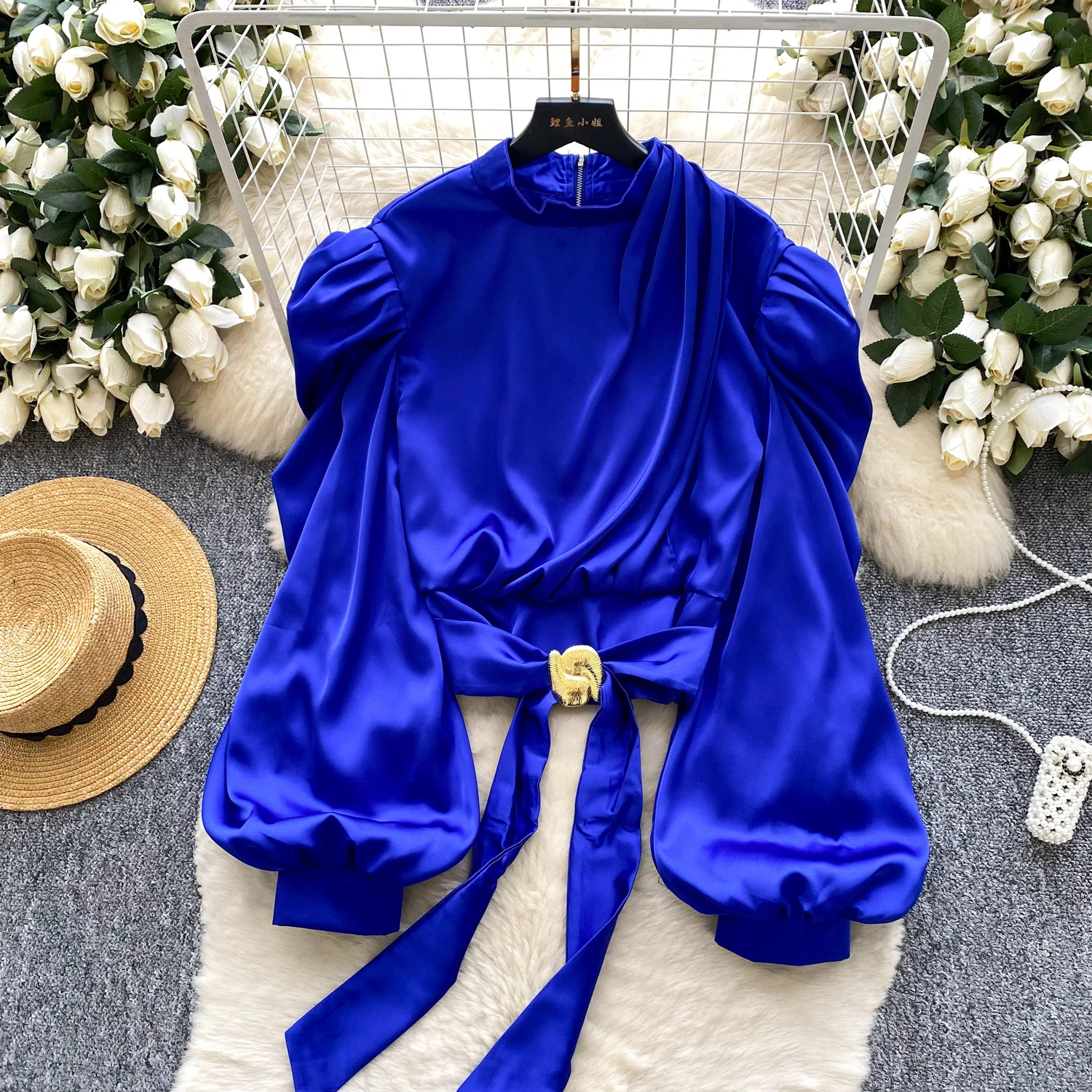 

Vintage Elegant satin puff sleeve long sleeve Top Korean Streetwear High Street Autumn Basics T-Shirts