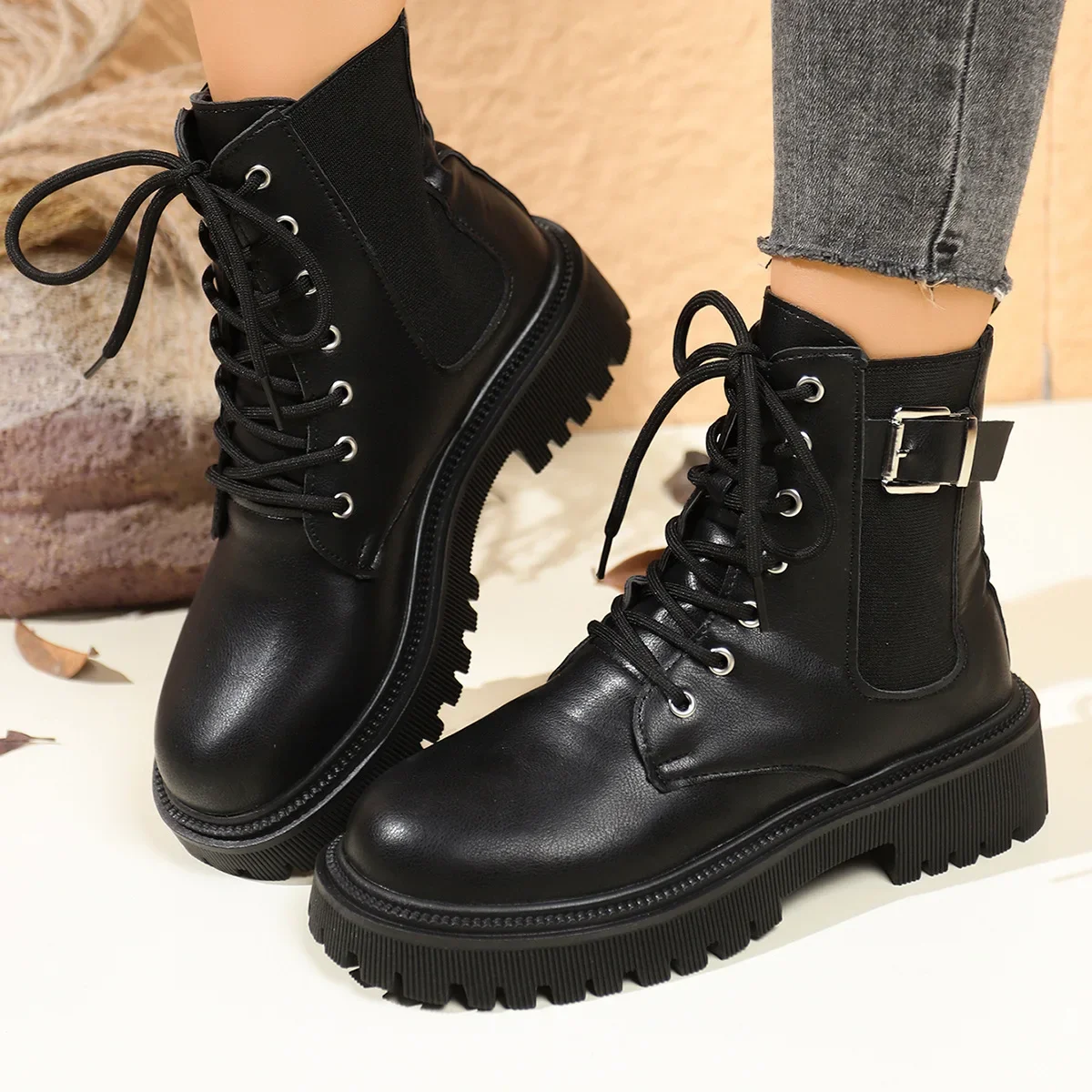 

Black Short Boots Women's Autumn and Winter New Thick Bottom Lace Up Short Boots Fashion Round Head Anti Slip Ankle Boots